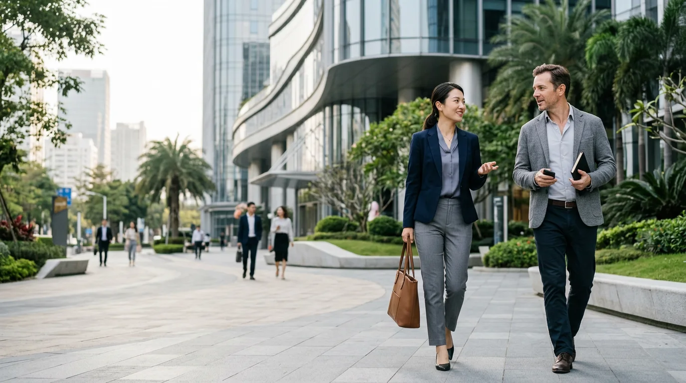 AI illustration of two people walking between business appointments; not actual TalkEast interpreters